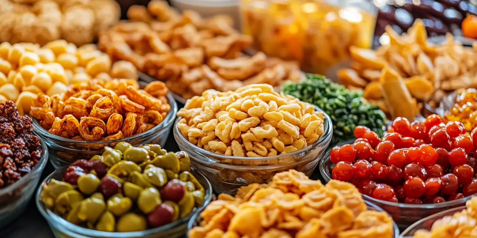 Eine bunte Auswahl an Snacks in Glasschalen, darunter Trockenfrüchte, Nüsse und verschiedene knusprige Leckereien, auf einem Tisch angerichtet.