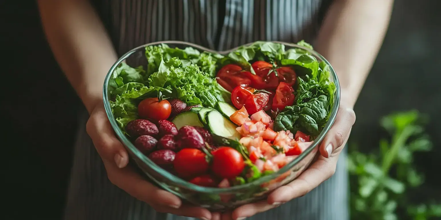 Eine Person hält eine herzförmige Schüssel gefüllt mit einer bunten Auswahl an frischem Gemüse und Salat.