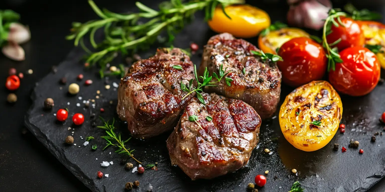 Gegrillte Steakfilets mit Kräutern und gerösteten Tomaten auf einer Schieferplatte angerichtet.