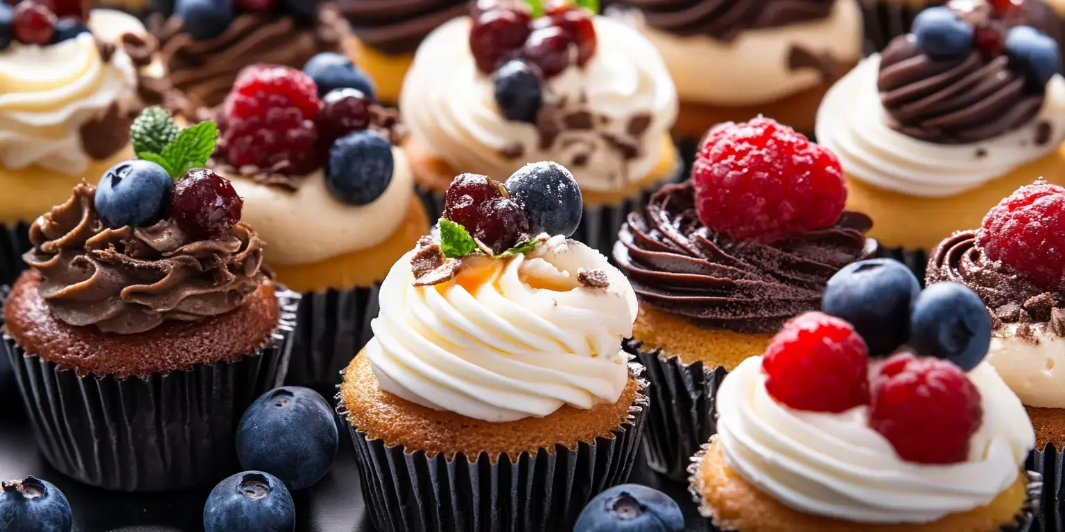 Eine Auswahl dekorierter Cupcakes mit Schokoladenfrosting, frischen Himbeeren und Blaubeeren, ansprechend auf einem Tablett angerichtet.