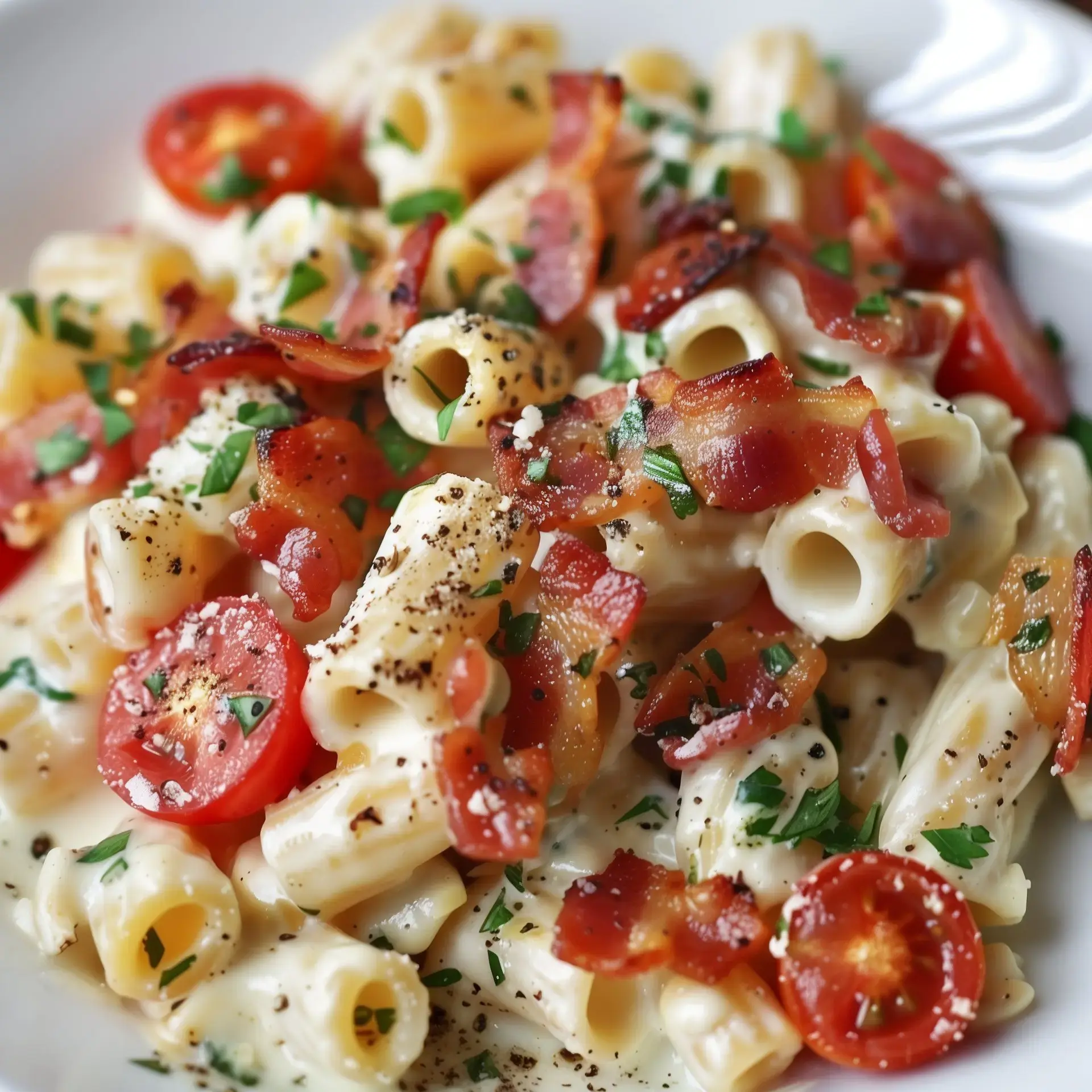Frische Pasta in cremiger Sauce, dazu Tomaten, knuspriger Speck und grüne Kräuter.