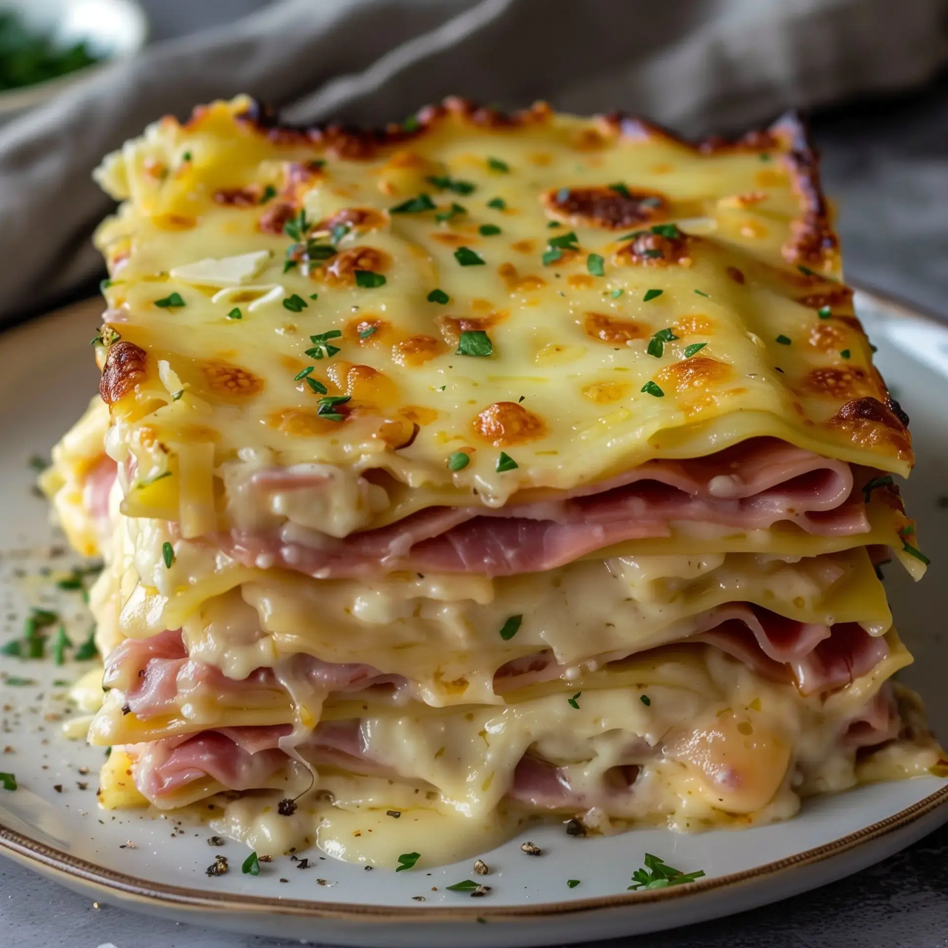Ein perfekt geschichteter Lasagneteller mit geschmolzenem Käse, Schinken und frischer Petersilie.