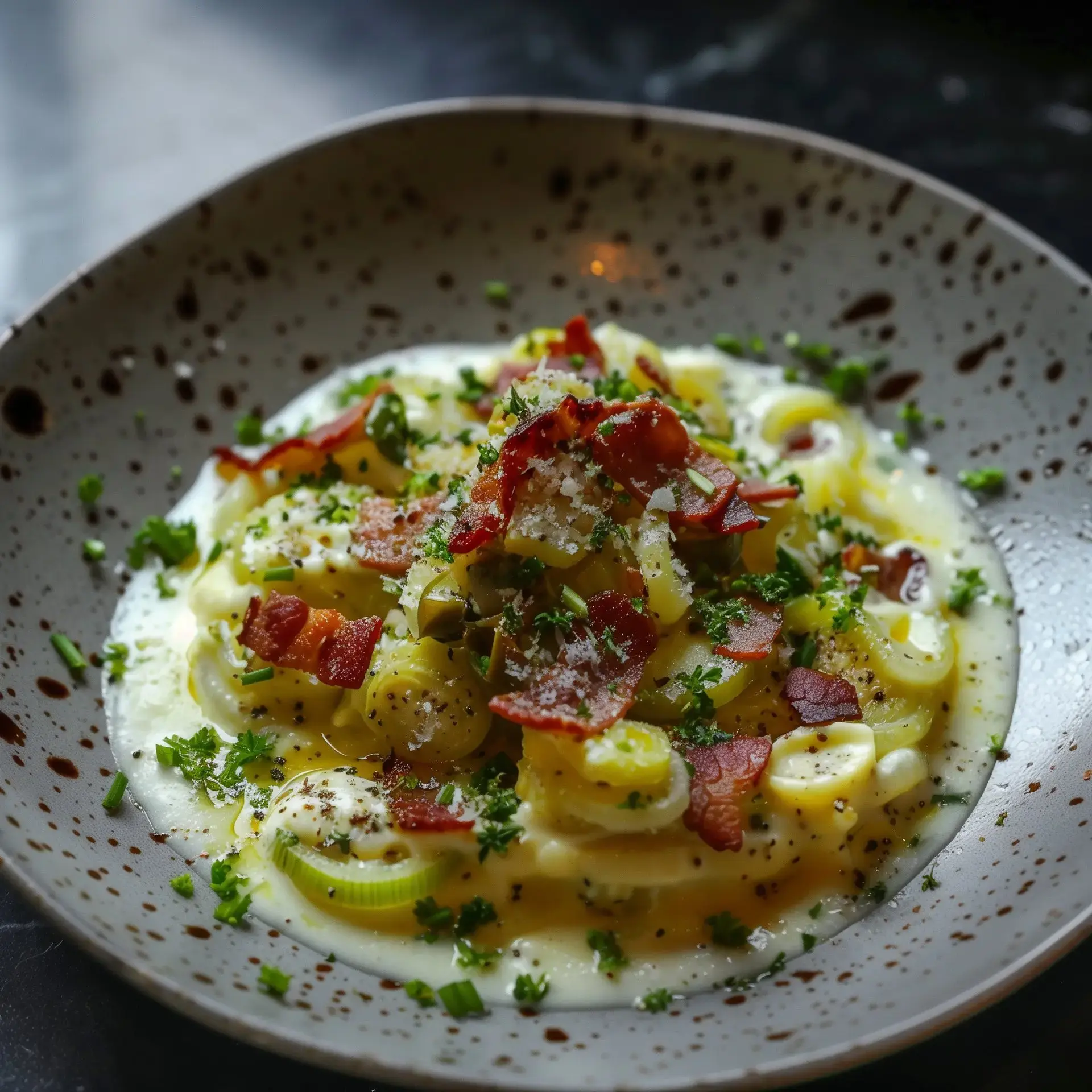 Ein cremiges Pastagericht, dekoriert mit knusprigen Speckstücken und frischer Petersilie, serviert in einer hübschen Schale.