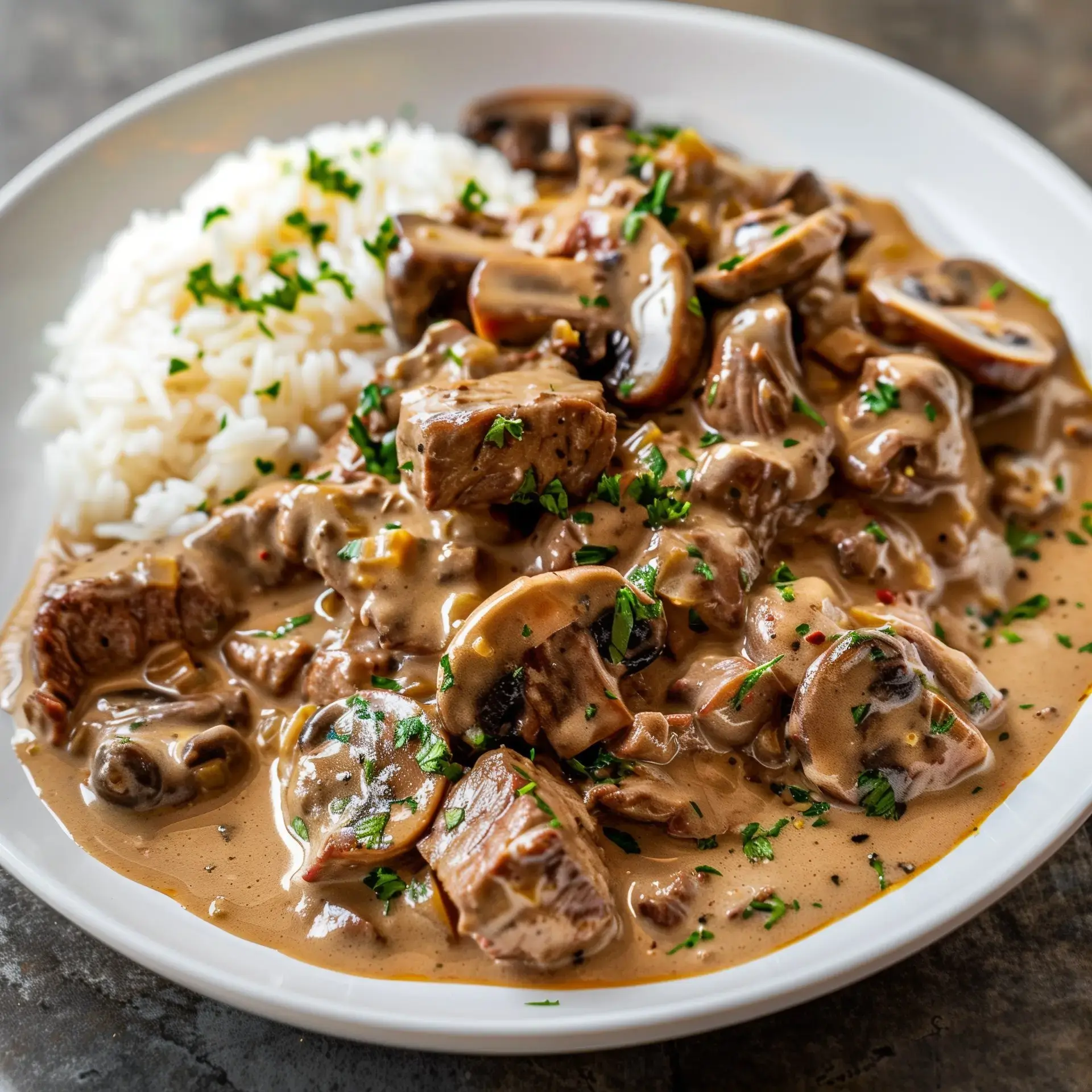 Ein Teller mit cremigem Fleischgericht mit Champignons, serviert mit weißem Reis und frischer Petersilie als Garnitur.