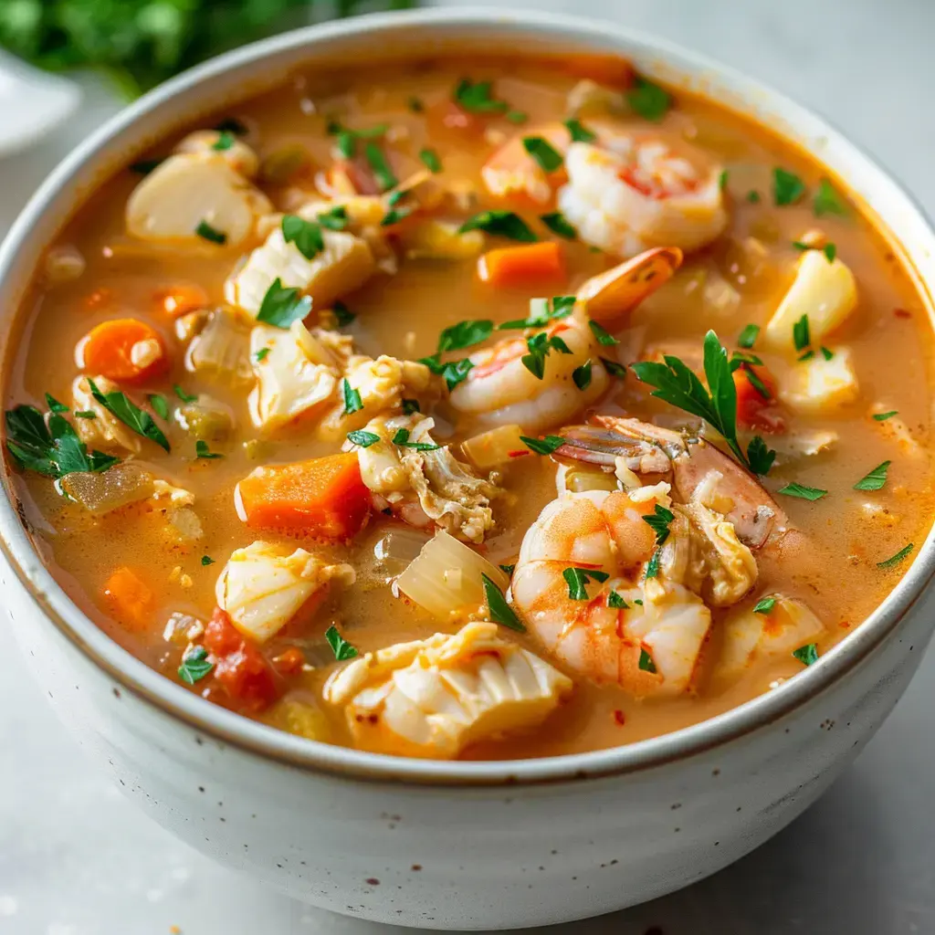 Eine farbenfrohe Meeresfrüchte Suppe mit Garnelen, Gemüse und frischem Petersilien-Topping.