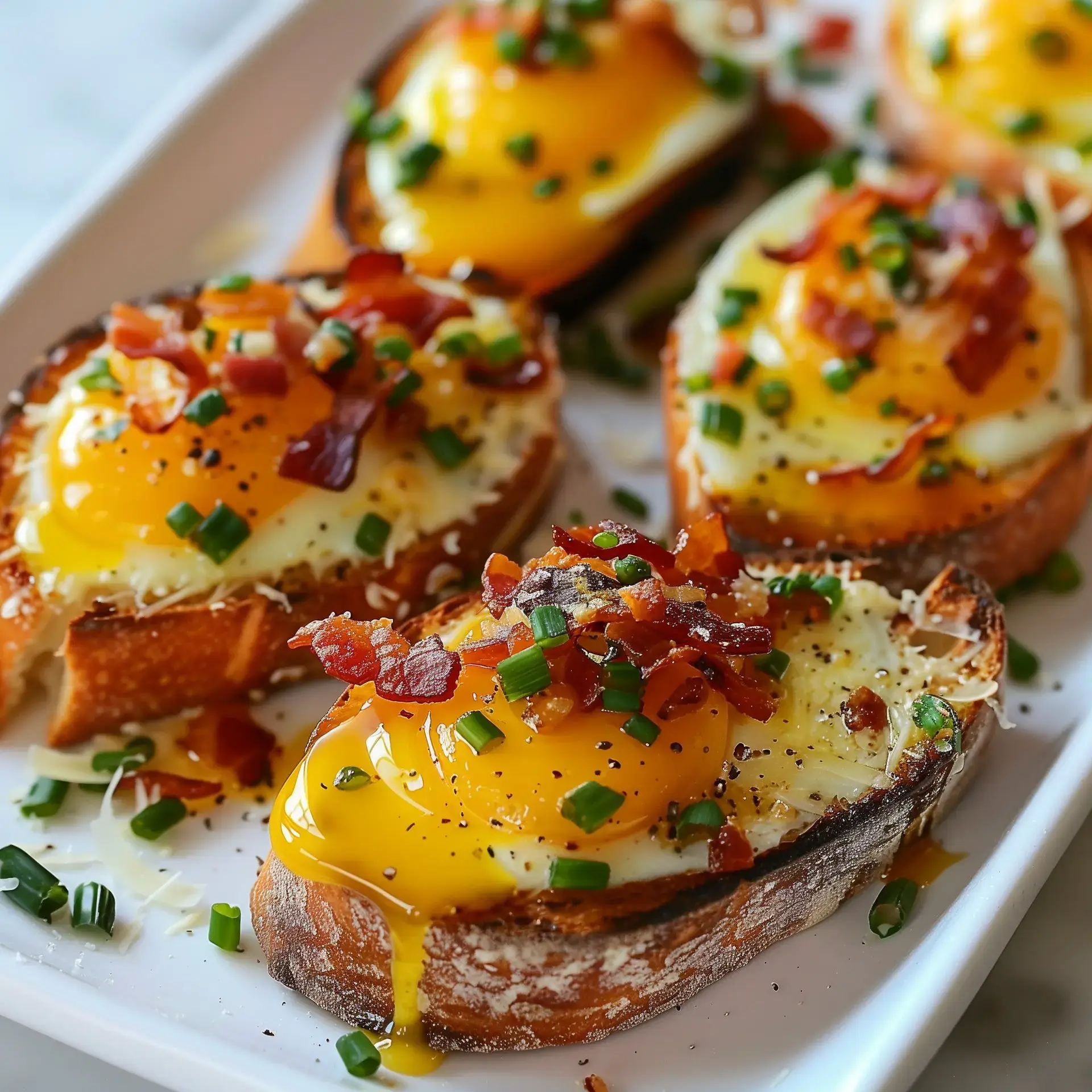 Scheiben von Brot mit cremigem Eigelb, knusprigem Speck und frischem Schnittlauch.