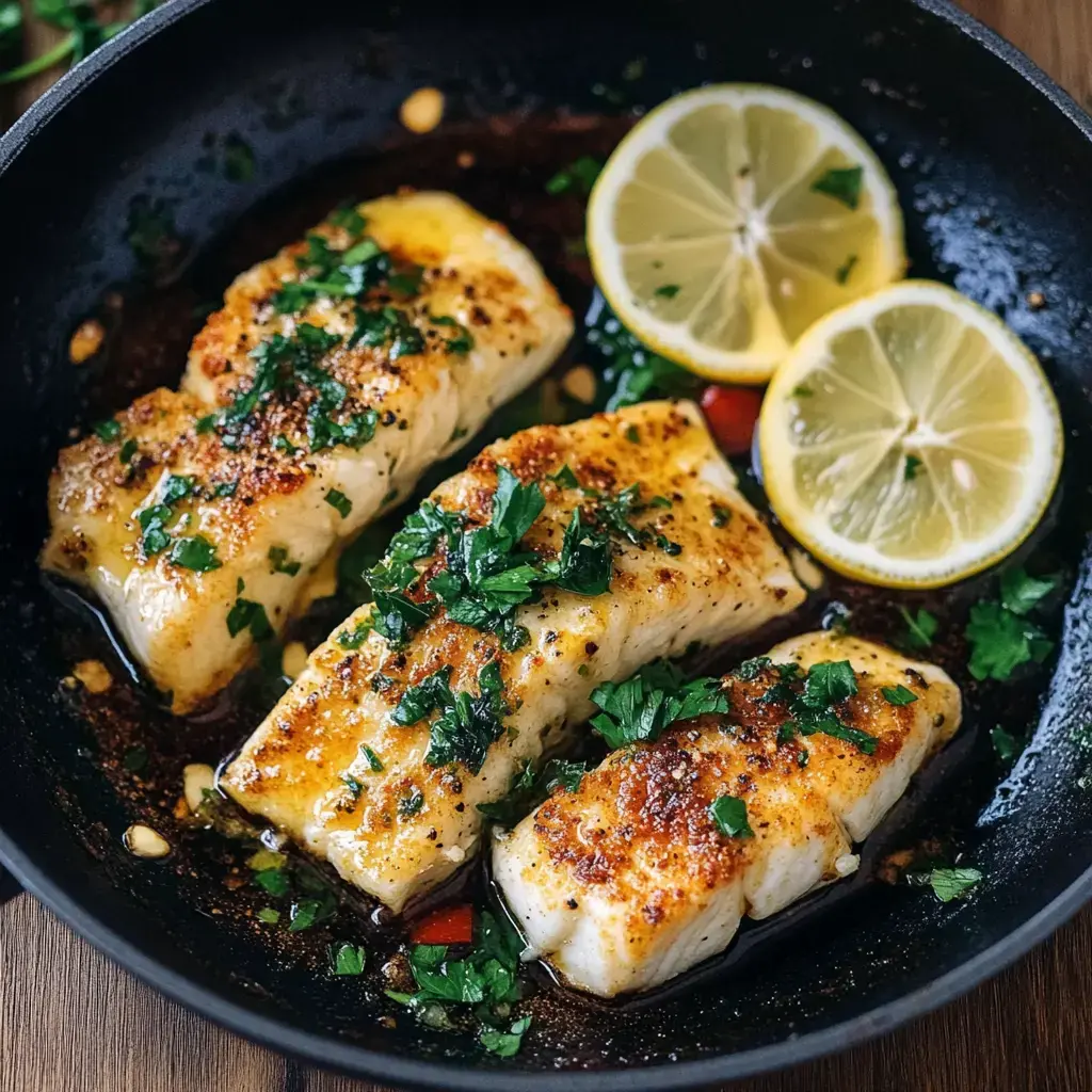 Goldbraun gebratene Fischfilets, garniert mit Petersilie und Zitronenscheiben, serviert in einer Pfanne.
