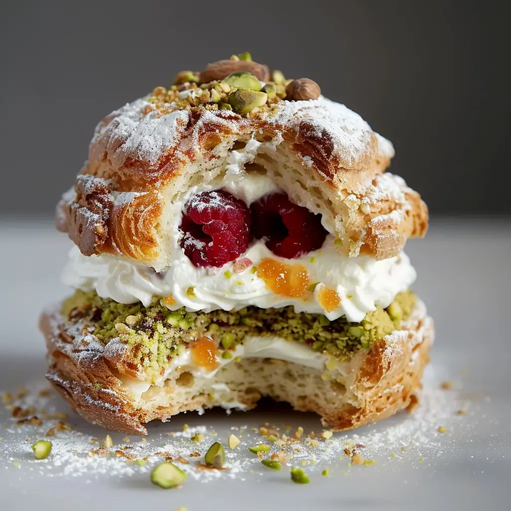 Brandteigkugel gefüllt mit Creme, Himbeeren und Pistazien, bestäubt mit Puderzucker.