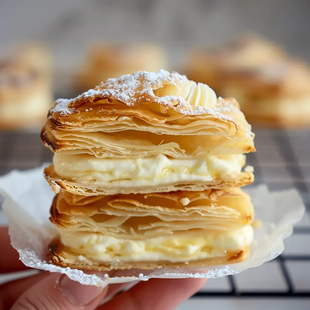 Ein Bäcker hält ein Stück Mille-Feuille, bestehend aus Blätterteigschichten und Vanillecreme, bestäubt mit Puderzucker.