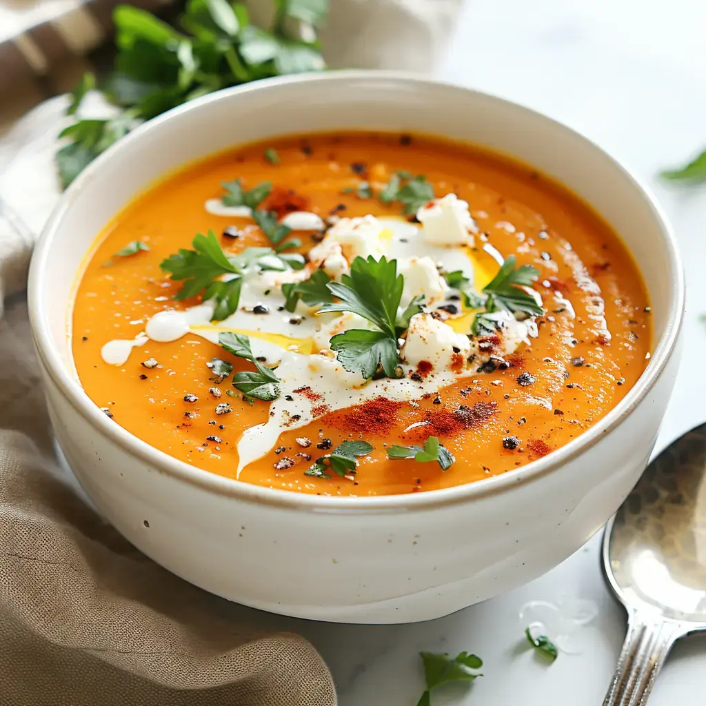 Eine Schüssel orangefarbene Suppe, garniert mit Sahne, frischer Petersilie und Pfeffer, auf hellem Hintergrund.