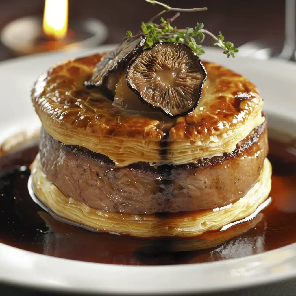Ein feines Gericht aus Blätterteig, zartem Fleisch und Pilzen, angerichtet mit einer cremigen Sauce.