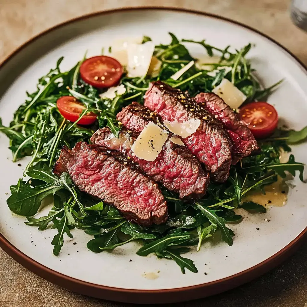 Frische Roquette mit dünn geschnittenen Fleischstreifen, Kirschtomaten und Parmesanflocken angerichtet.