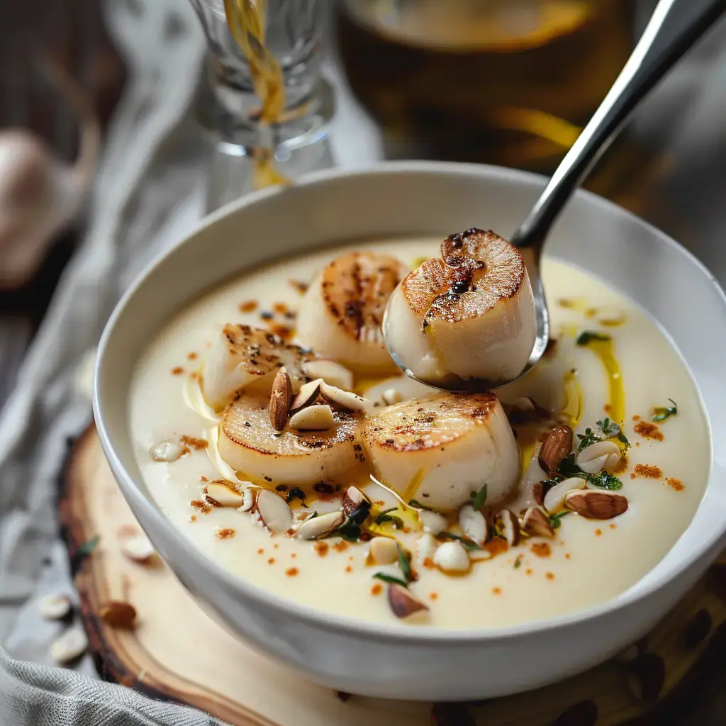 Eine Schüssel mit cremiger Suppe, garniert mit Jakobsmuscheln, Mandeln und Kräutern.