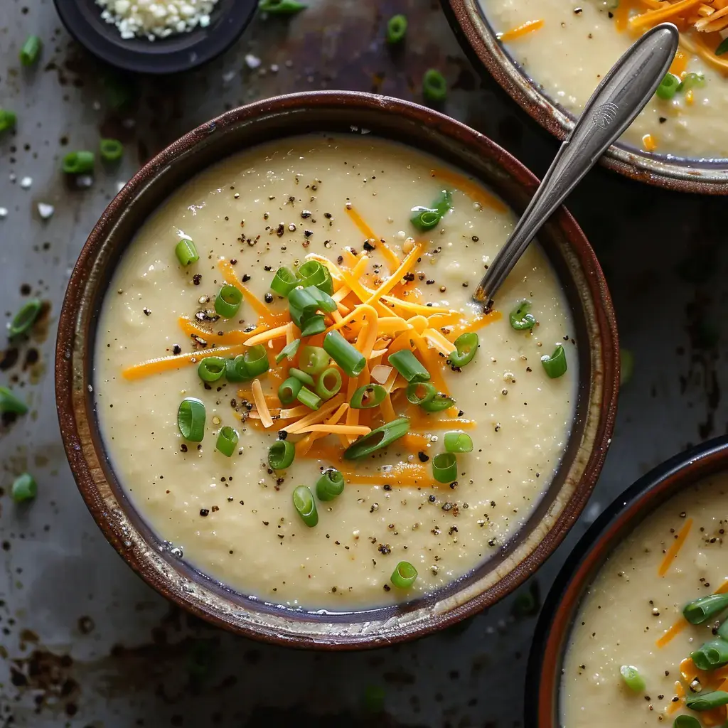 Zwei Schüsseln cremige Suppe mit geriebenem Cheddar und Frühlingszwiebeln, serviert auf einer Metalloberfläche.