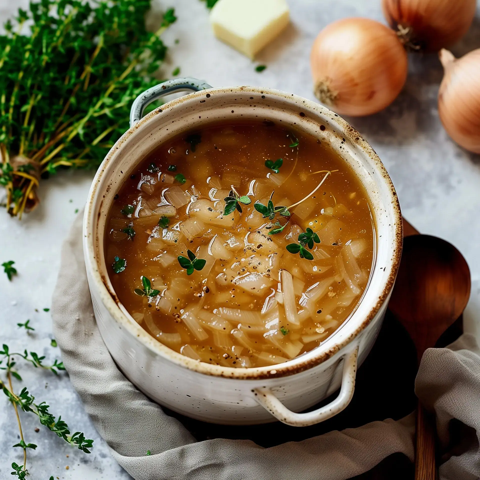 Heiße Gemüsesuppe mit frischem Thymian, serviert in einer Keramikkasserolle mit Zwiebeln und einem Stück Butter.