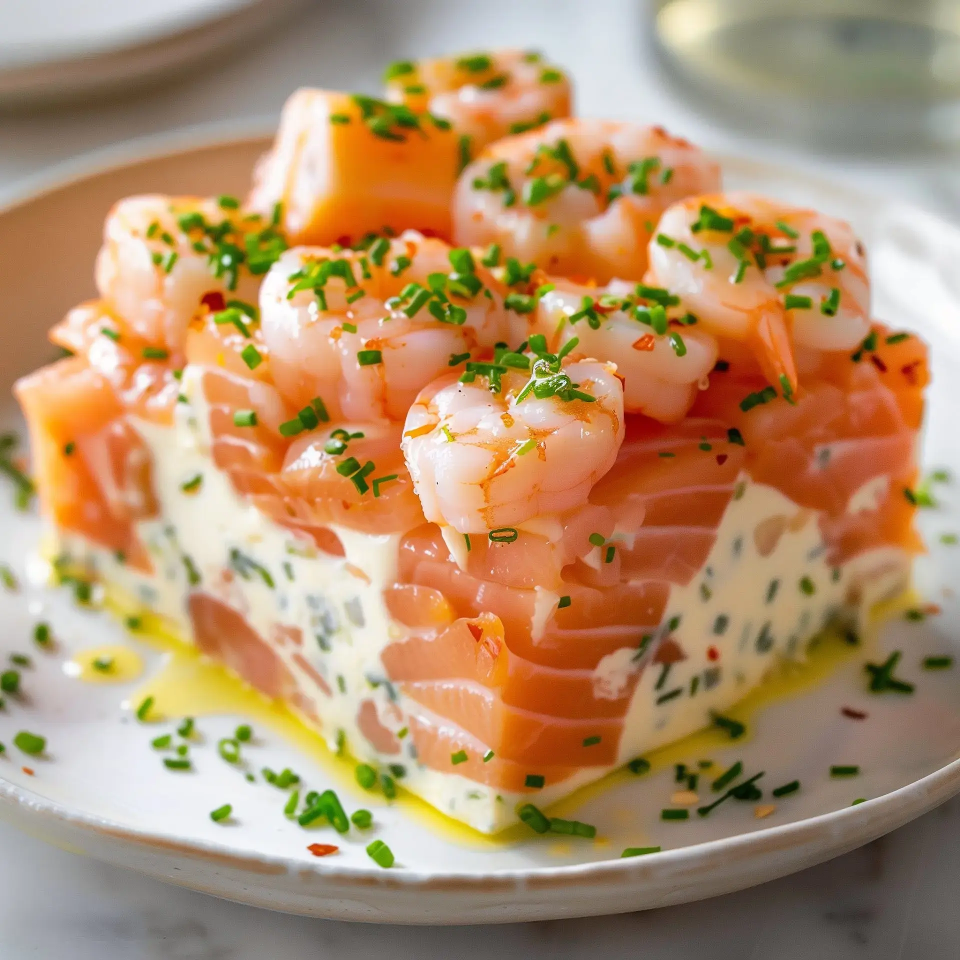 Eine Terrine mit Lachs und Garnelen, dekoriert mit frischer Schnittlauch, serviert auf einem Teller.