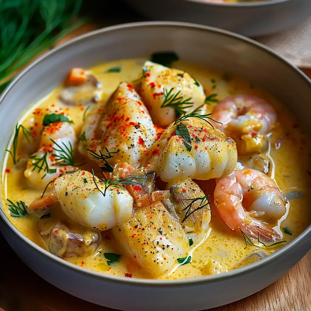 Ein Teller mit Garnelen und Fischstücken in einer cremigen Sauce, dekoriert mit frischen Kräutern und Gewürzen.