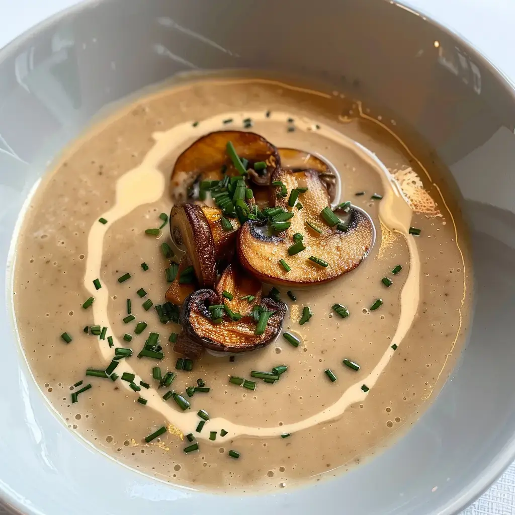Eine cremige Pilzsuppe mit Schnittlauch dekoriert.