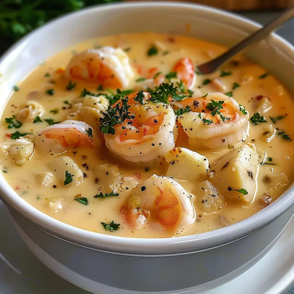 Eine Schüssel cremige Suppe mit Garnelen und Kartoffeln, garniert mit frischer Petersilie und Pfeffer.