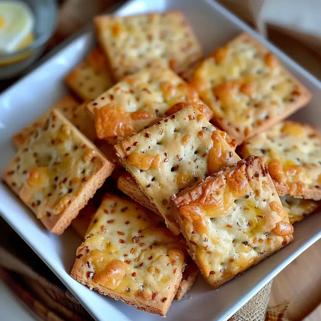 Knusprige, goldbraune Käseplätzchen in einem weißen Teller serviert, dekoriert mit Samen.