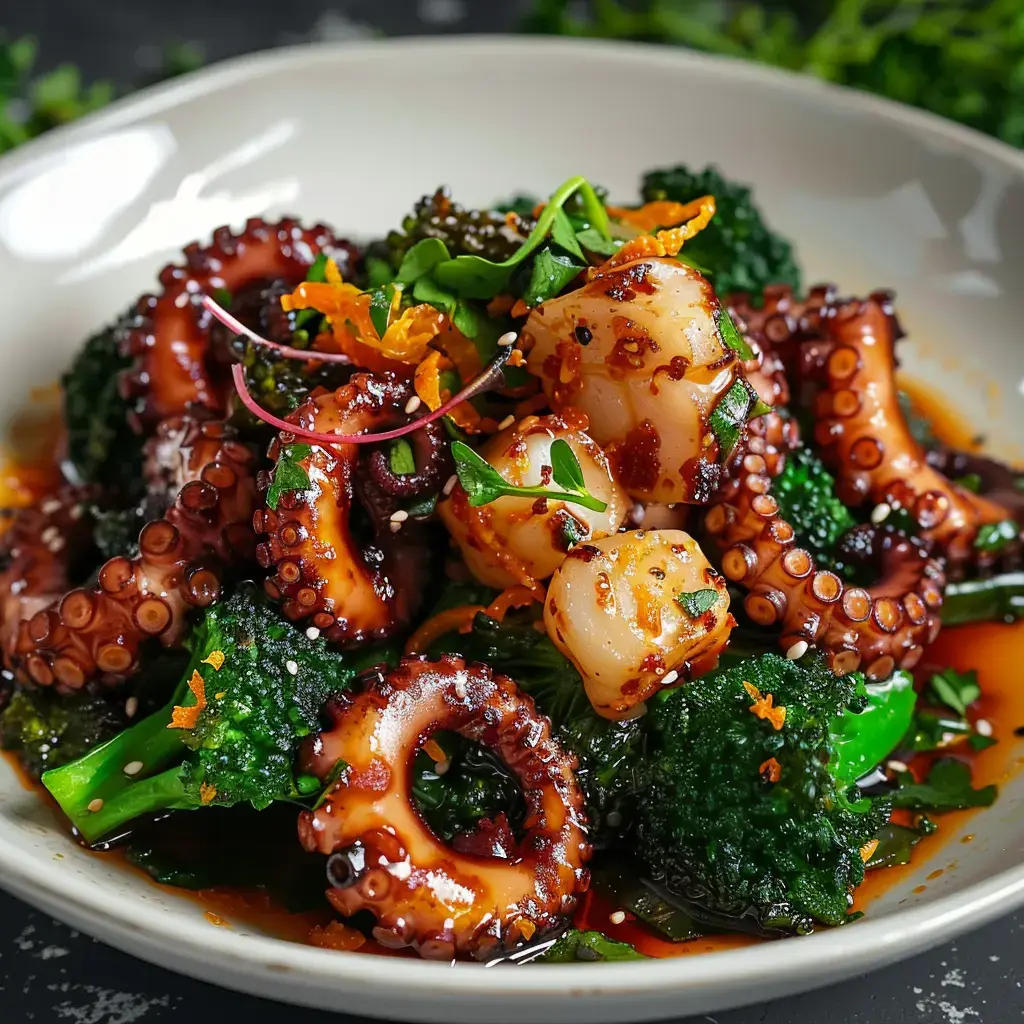 Ein Teller mit gegrilltem Oktopus, Brokkoli, Orangenzesten und frischen Kräutern in einer aromatischen Sauce.