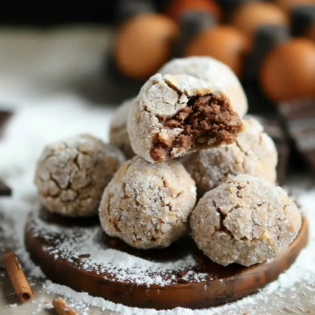 Schokoladige, mit Puderzucker bedeckte Gebäckstücke auf einem Holzbrett, eine Kugel ist angeschnitten und zeigt die Füllung.