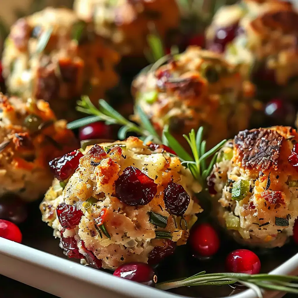 Goldbraune Bouletten mit Canneberges und Kräutern, schön angerichtet auf einer Platte.