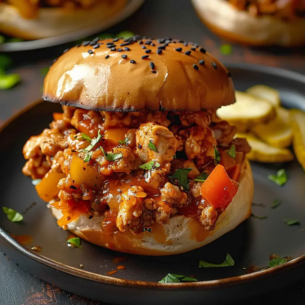 Ein Sandwich mit würzigem Hackfleisch, frischen Gemüsefarben und Soße, serviert in einem Sesambrötchen.