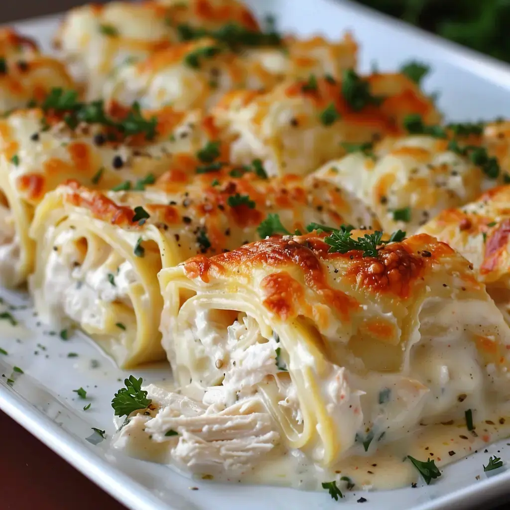 Hähnchenrollen mit cremiger Sauce und überbackenem Käse auf einem Teller serviert.
