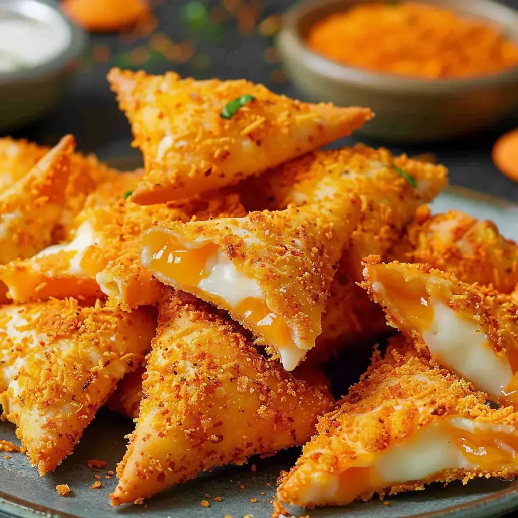 Eine Schale mit knusprigen, panieren Dreiecken mit geschmolzenem Käse und goldbraunen Krumen obenauf.