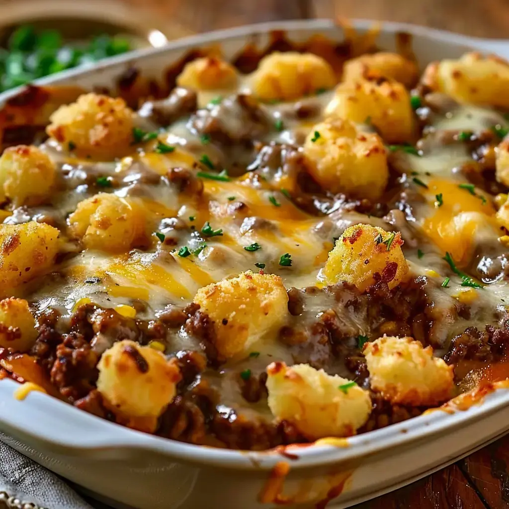 Ein Ofengericht mit Hackfleisch, Kartoffeln und geschmolzenem Käse, garniert mit frischer Petersilie.