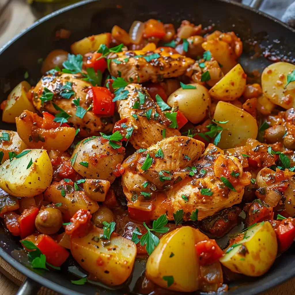 Pfanne mit gebratenem Poulet, Kartoffeln, Paprika und Kräutern.