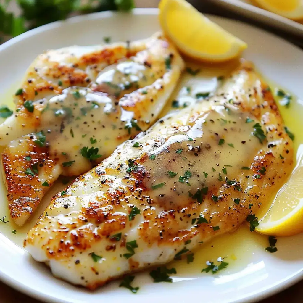 Zwei goldbraun gebratene Fischfilets mit Buttersoße, garniert mit Petersilie und Zitronenscheiben auf einem Teller.