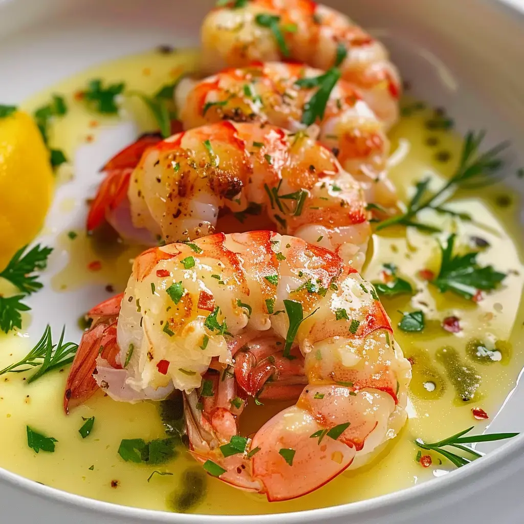 Gebratene Gambas mit frischer Petersilie und einer Zitronensoße, daneben Zitronenspalten.