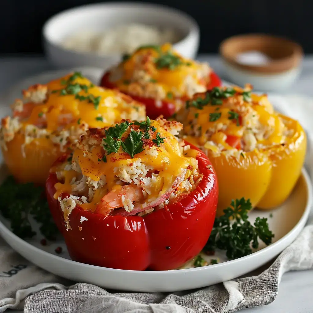Gefüllte Paprika mit Krabben und Käse, bestreut mit Semmelbröseln, auf einem Teller mit frischen Kräutern serviert.