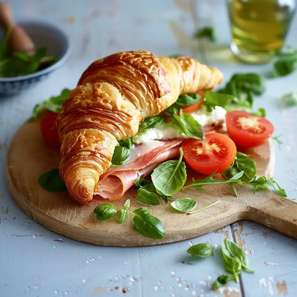 Knuspriges Croissant gefüllt mit Schinken, frischem Käse, Tomaten und Basilikum auf einem Holzbrett.