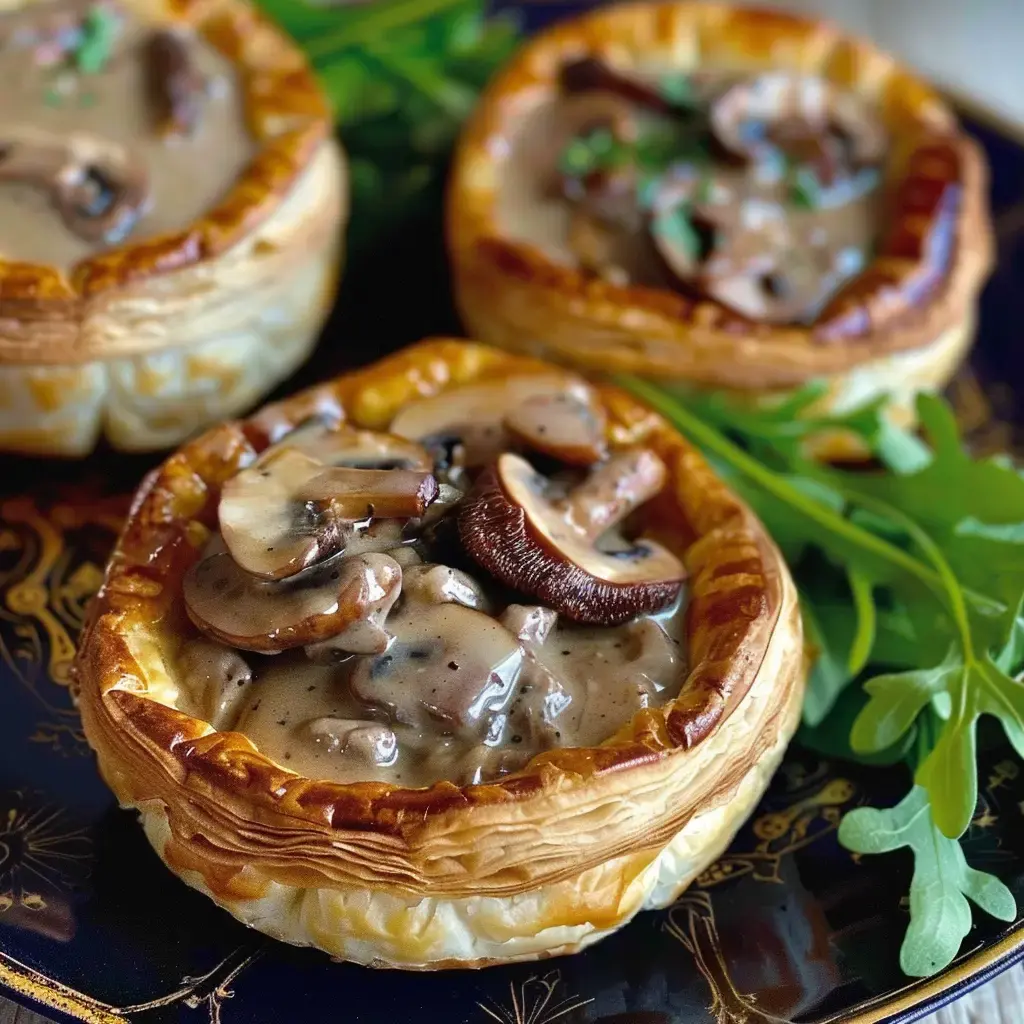 Blätterteigtaschen gefüllt mit Pilzen in einer cremigen Sauce, serviert mit Rucola.