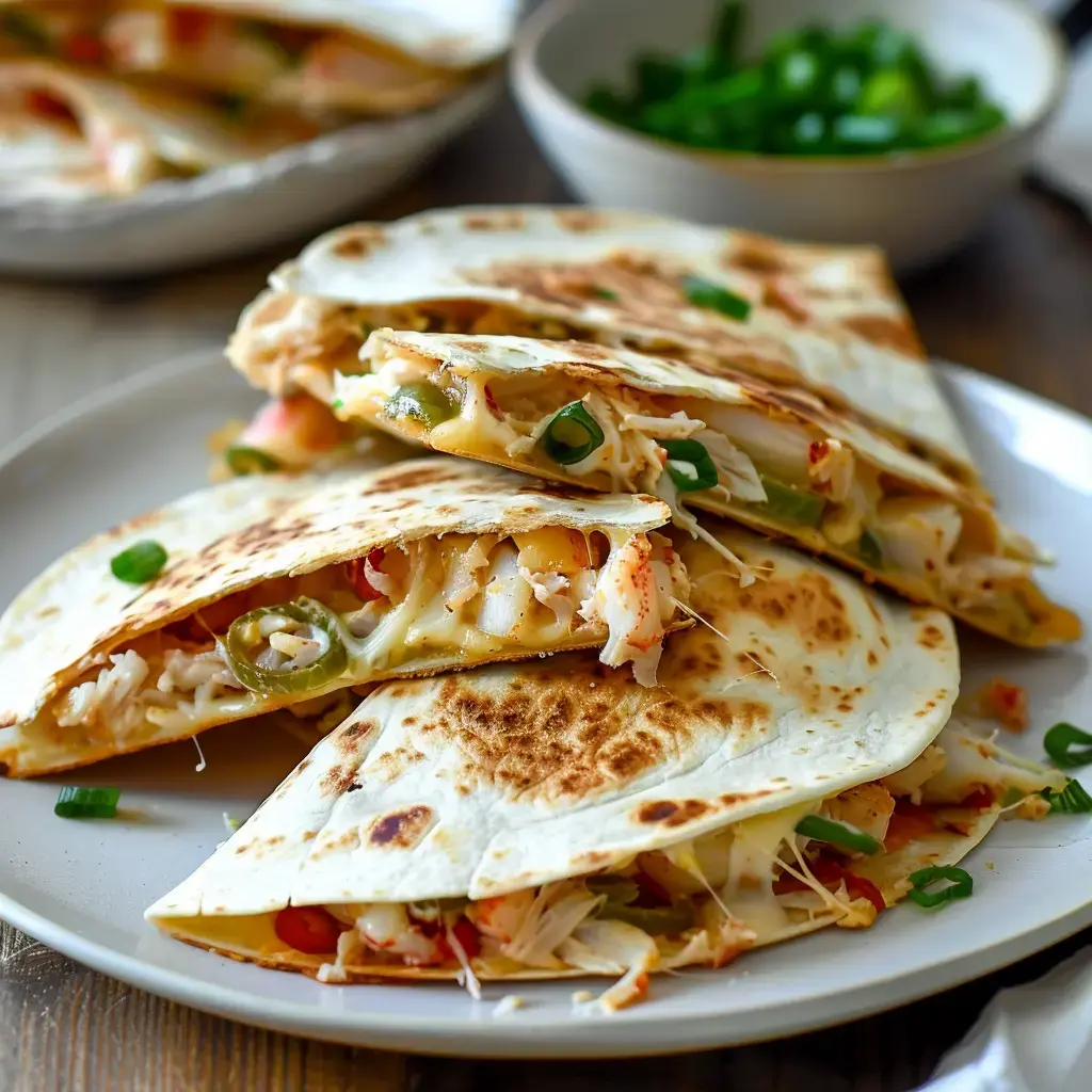 Ein Teller mit goldbraunen Quesadillas, gefüllt mit Meeresfrüchten, Käse und Gemüse. Im Hintergrund eine Schüssel mit Schnittlauch.