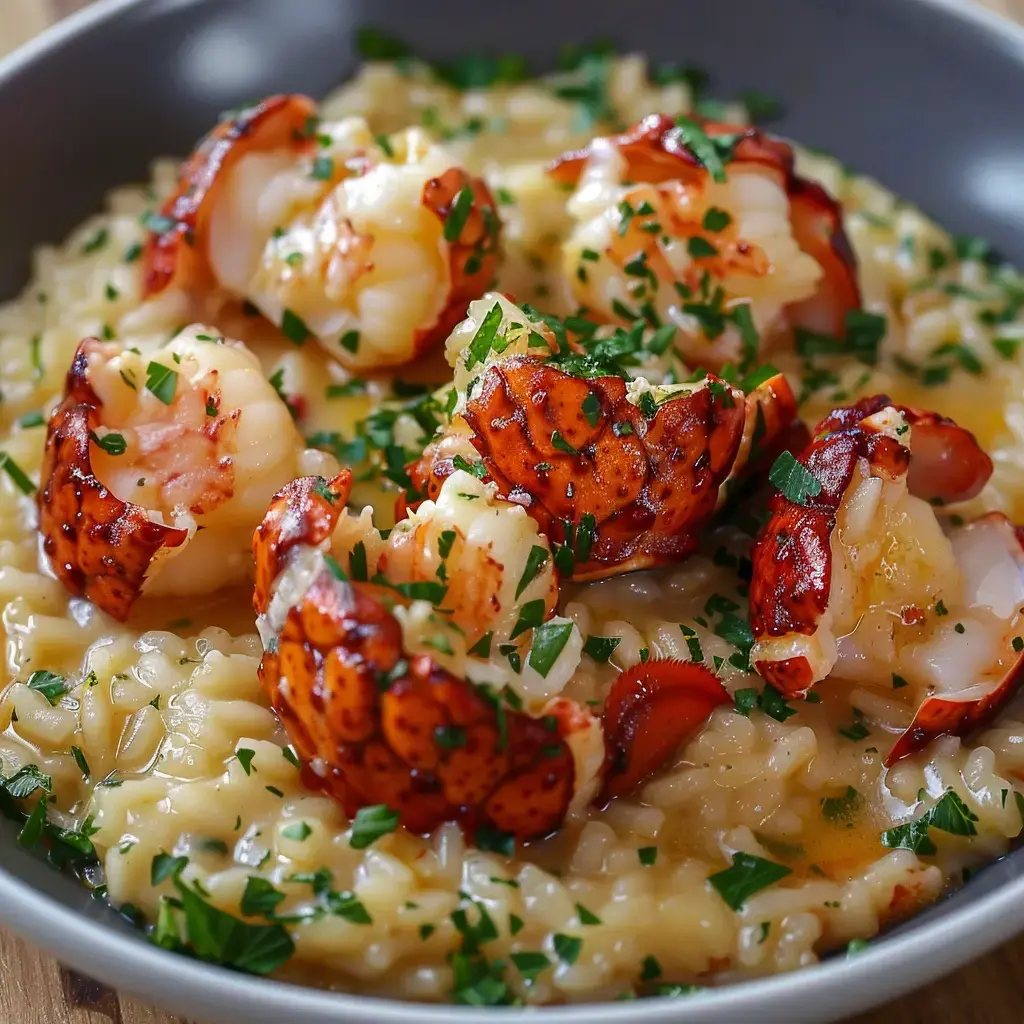Cremiges Risotto mit Homard-Stücken und gehackter Petersilie serviert.
