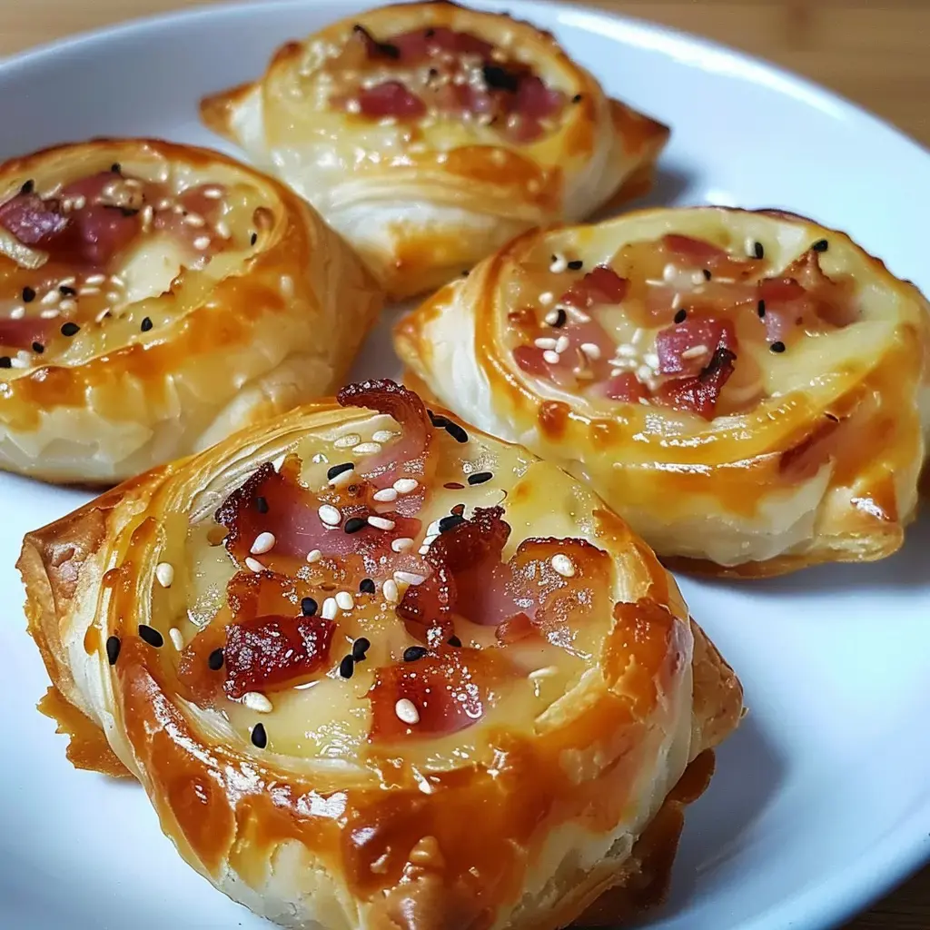 Vier Blätterteighappen mit Käse und Schinken, bestreut mit Sesamsamen, auf einem weißen Teller.