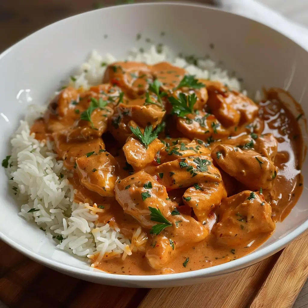Ein Teller mit zartem Poulet in cremiger Sauce, serviert auf weißem Reis und mit frischer Petersilie garniert.