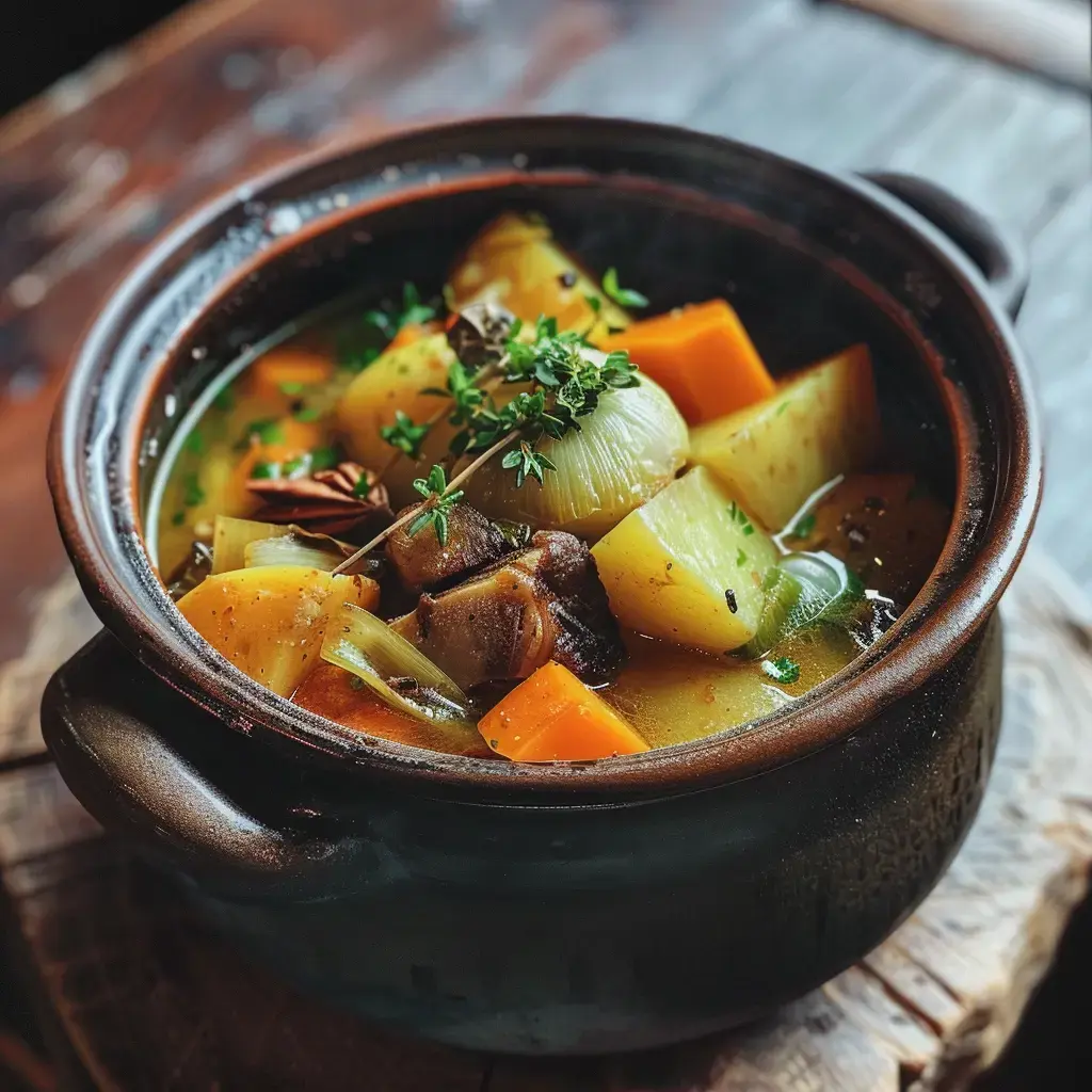 Dampfender Suppentopf mit Gemüse, Fleisch und Kräutern auf Holztisch.