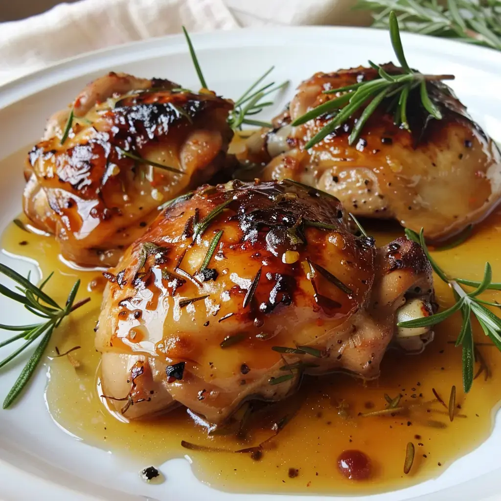 Gebratene Hähnchenkeulen mit aromatischen Kräutern in goldener Sauce serviert.