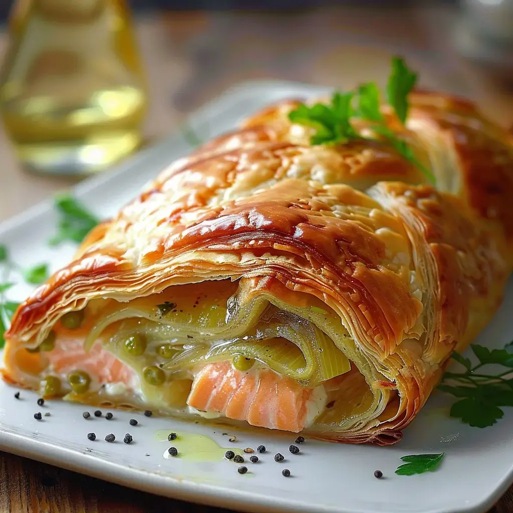 Ein goldbrauner Blätterteig gefüllt mit Lachs und Lauch, serviert mit einem Tropfen Olivenöl.