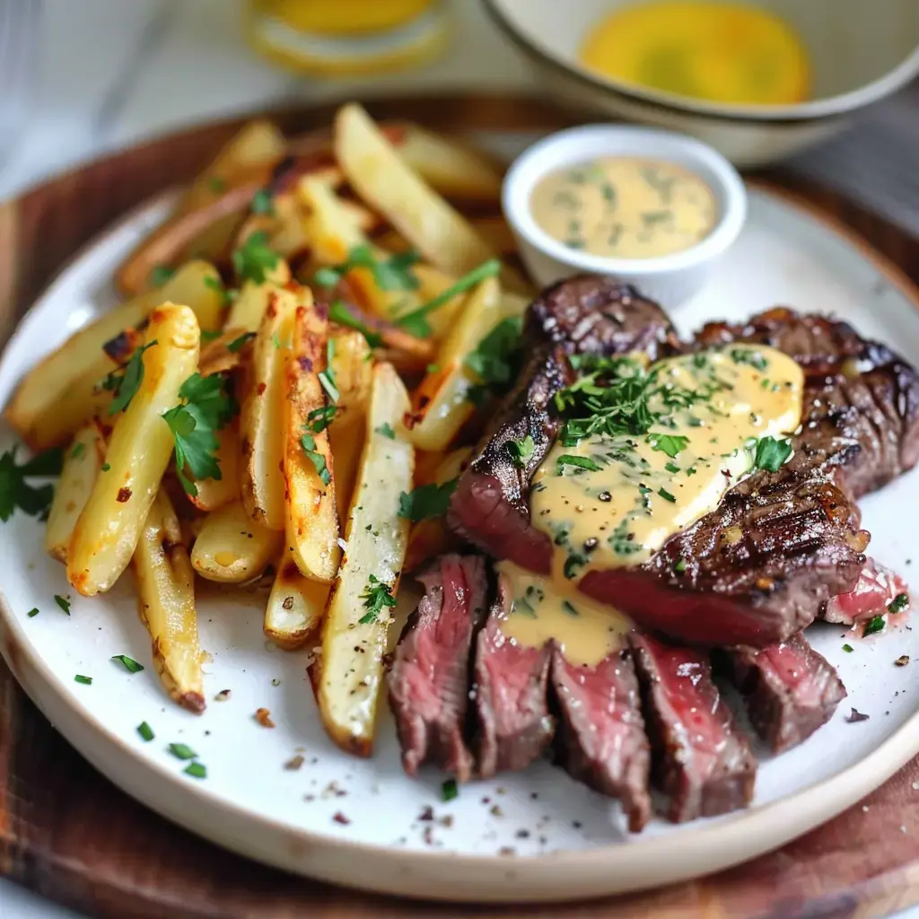 Ein köstlicher Teller mit saftigem Steak, knusprigen Pommes und cremiger Béarnaise-Sauce, verfeinert mit frischen Kräutern.