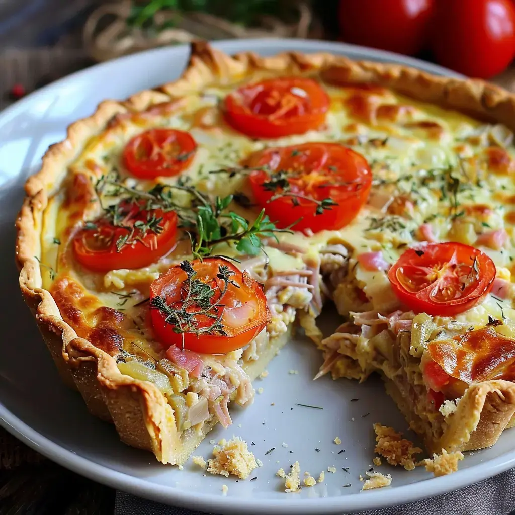 Herzhafte Tarte mit Tomaten, Kräutern und Thunfischstücken, ein Stück wurde herausgeschnitten.