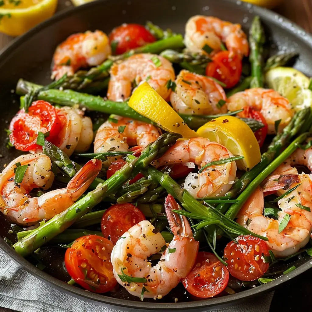 Eine Pfanne gefüllt mit sautierten Crevettes, Kirschtomaten, Spargel und Zitronenscheiben.