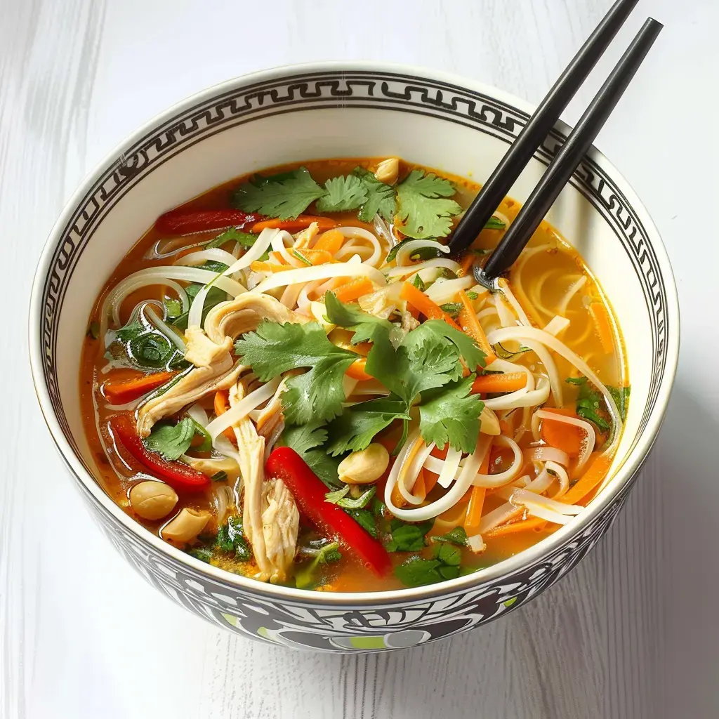 Eine Schale Suppe mit Reisnudeln, zartem Huhn, buntem Gemüse und frischem Koriander.