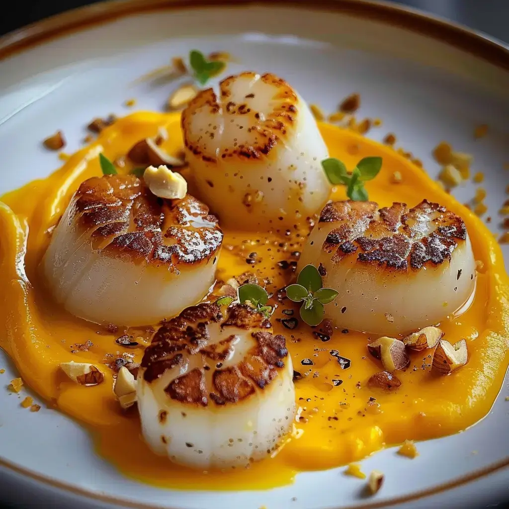 Vier goldbraune Saint-Jacques auf einem Butternut-Püree, garniert mit Haselnüssen und Kräutern.
