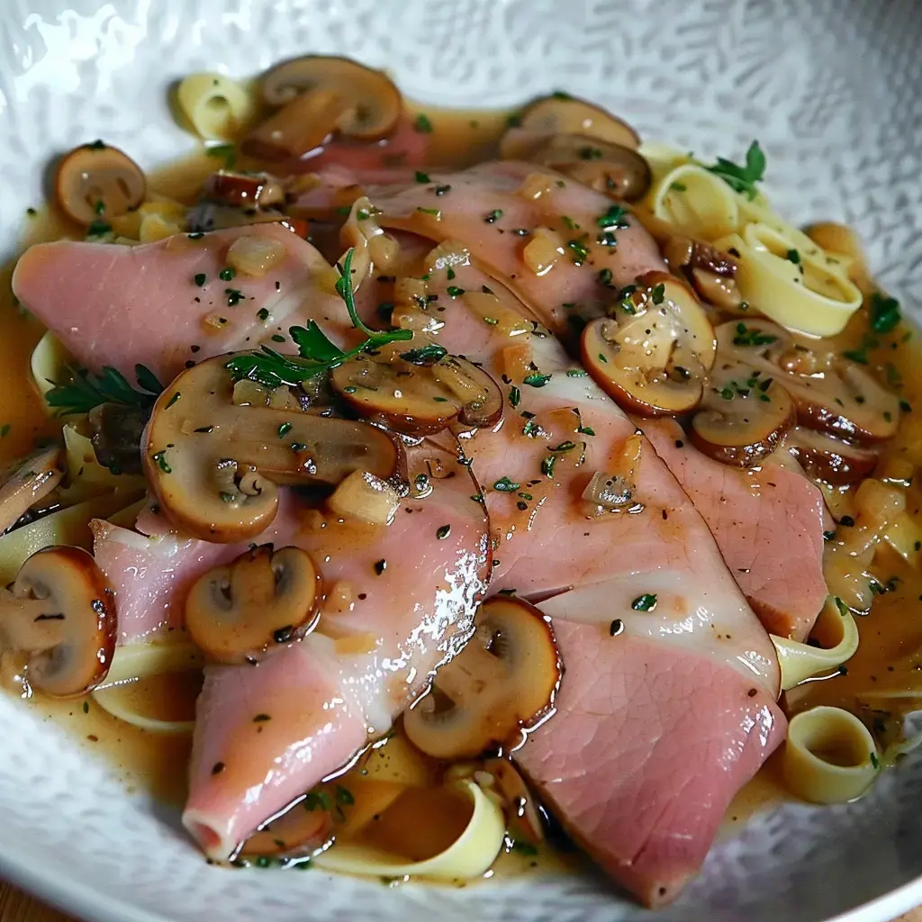 Ein Pastagericht mit Fleischscheiben und Pilzen in brauner Sauce.